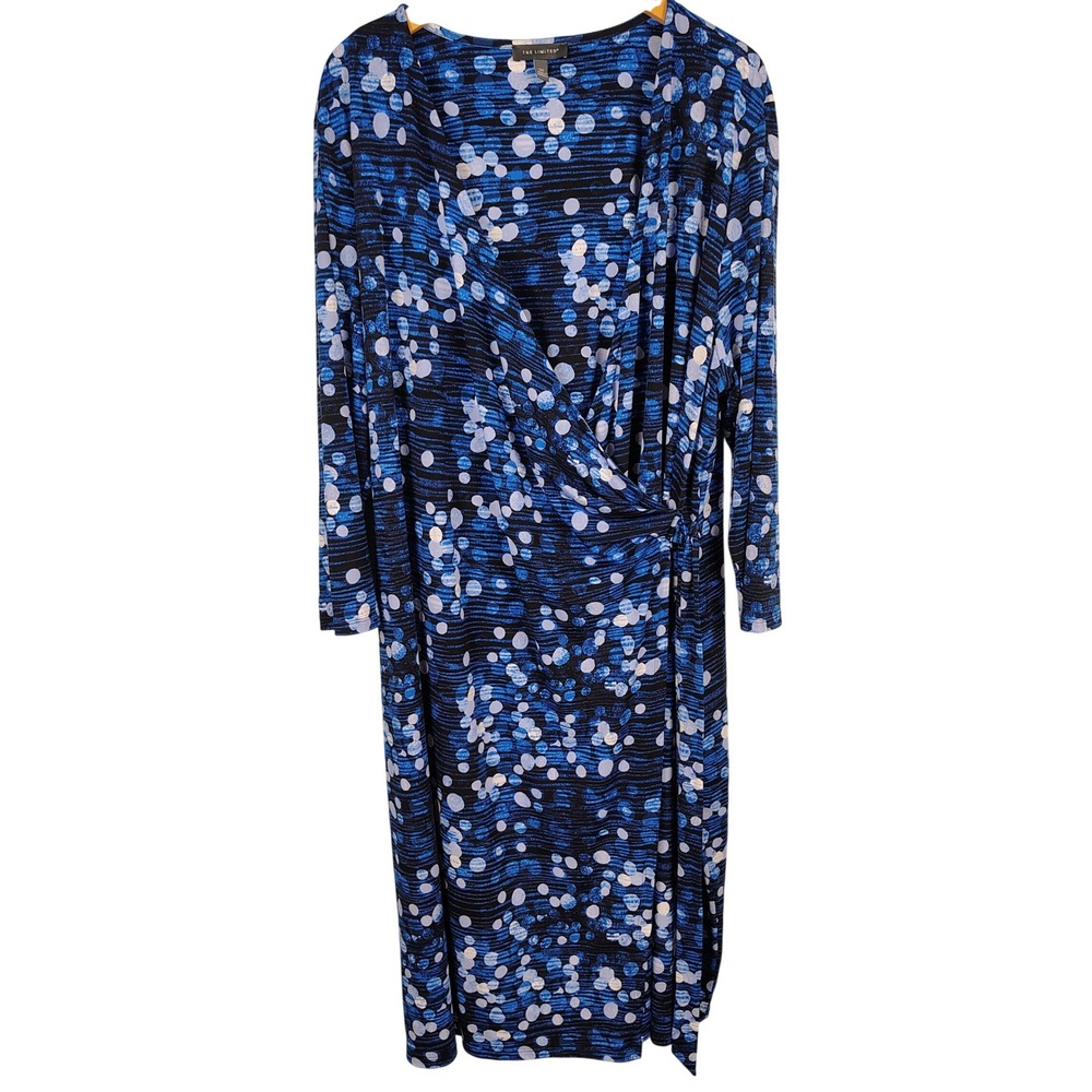 The Limited Womens 2X Faux Wrap Dress Blue Polka Dot Long Sleeve Officecore